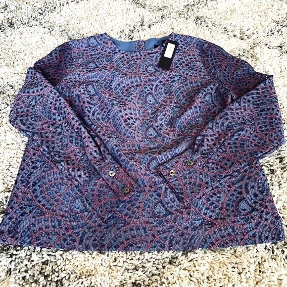 Banana Republic blue top women eyelet lace long sleeve blouse Size S business - Picture 3 of 11